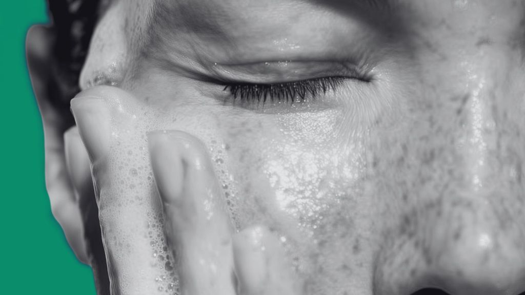 Woman cleansing her face with skincare