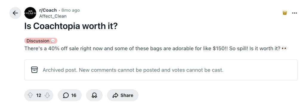 Reddit comment thread asking whether Coachtopia is worth it